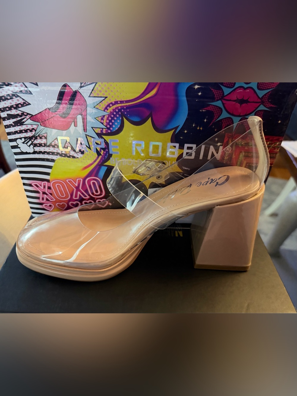 Cape Robbin Beige & Clear Block Lillian Heel with Strap NEW